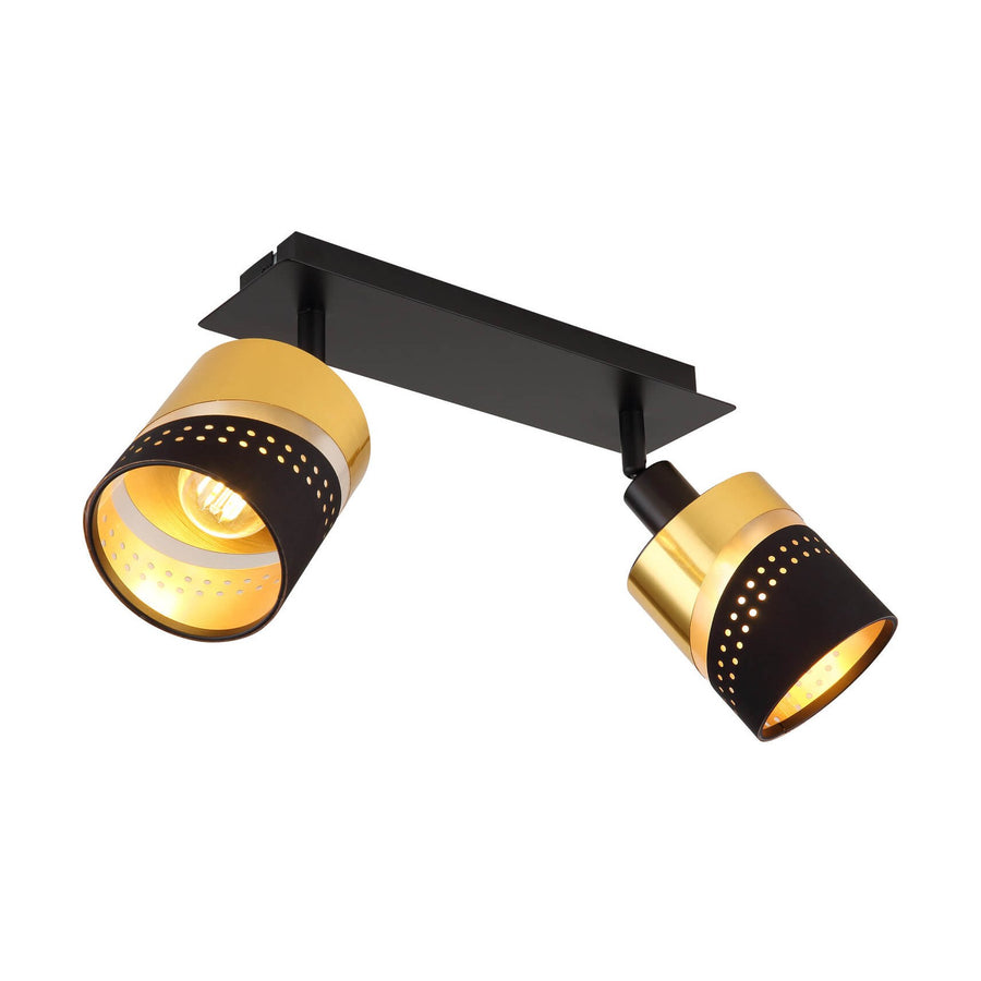 Vue de trois quarts du luminaire double à spots orientables noirs et dorés sur fond blanc