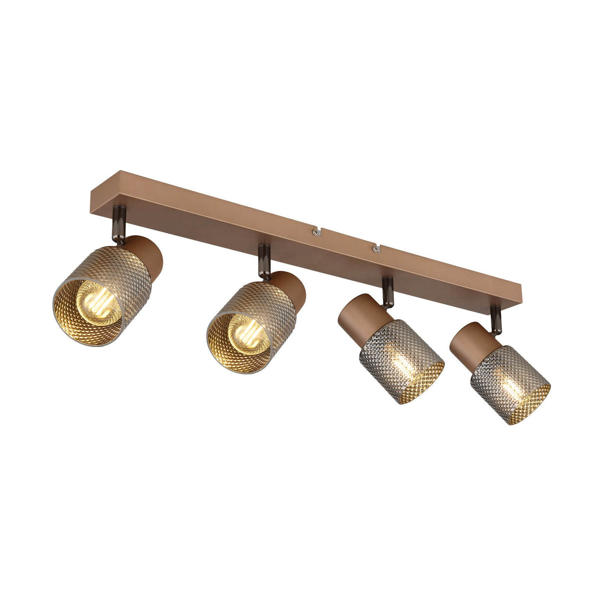 Vue principale du luminaire à quatre spots orientables avec abat-jours métalliques et base rectangulaire marron.