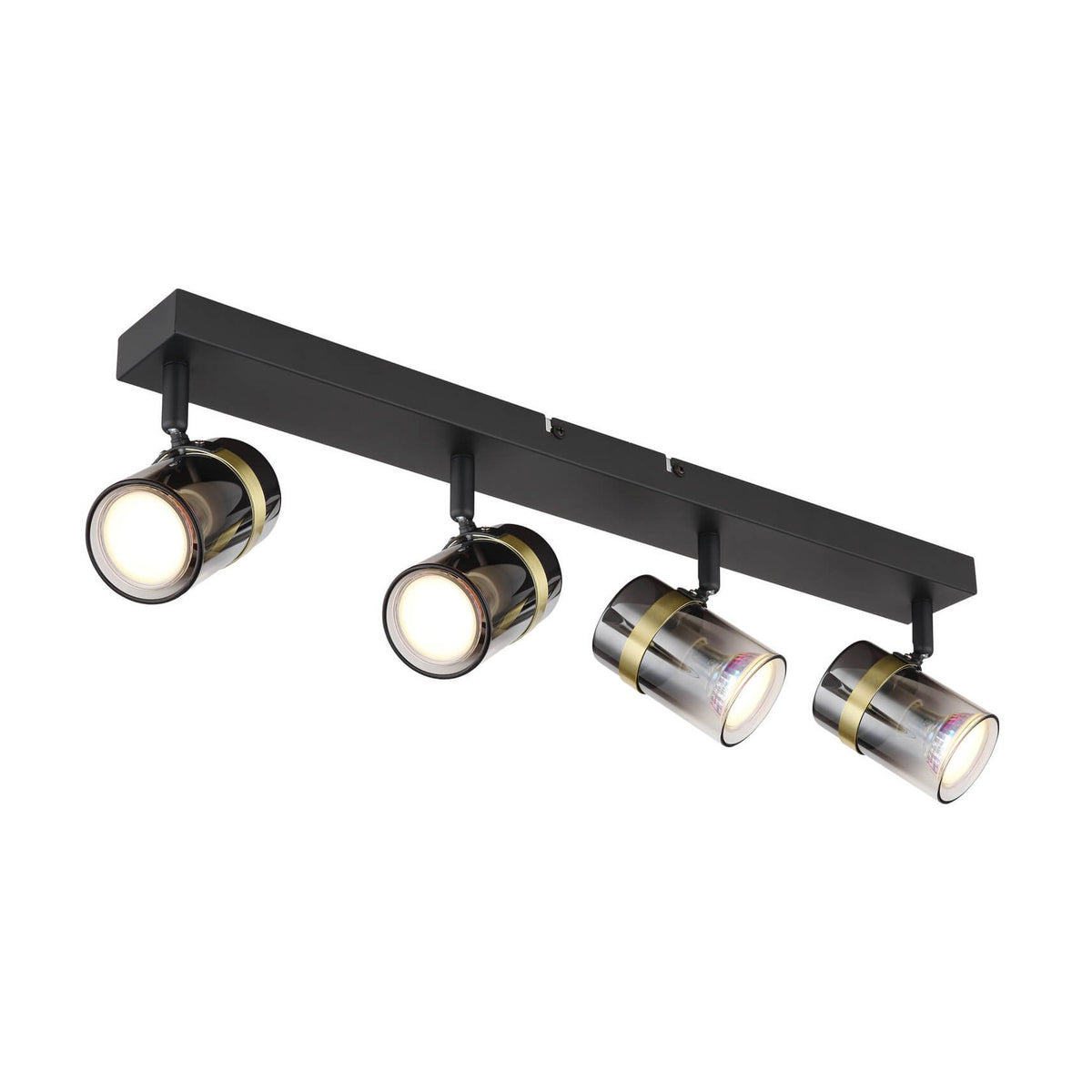 Vue de face du luminaire noir à quatre spots orientables avec anneaux dorés.