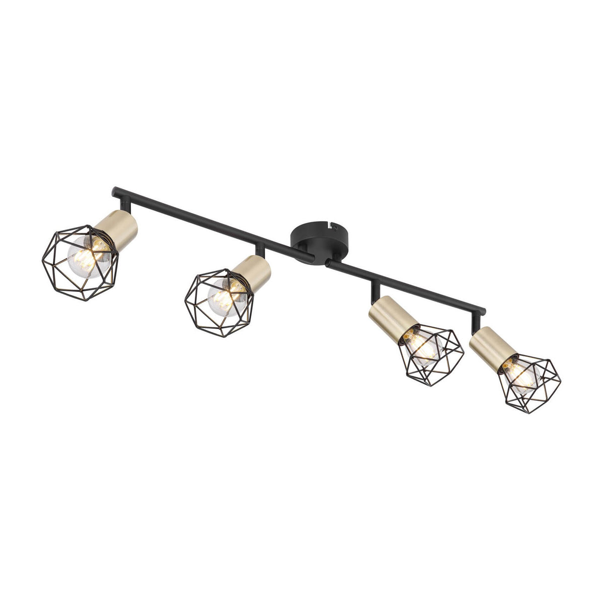 Spot plafond noir à quatre têtes orientables, cages métalliques géométriques et douilles dorées