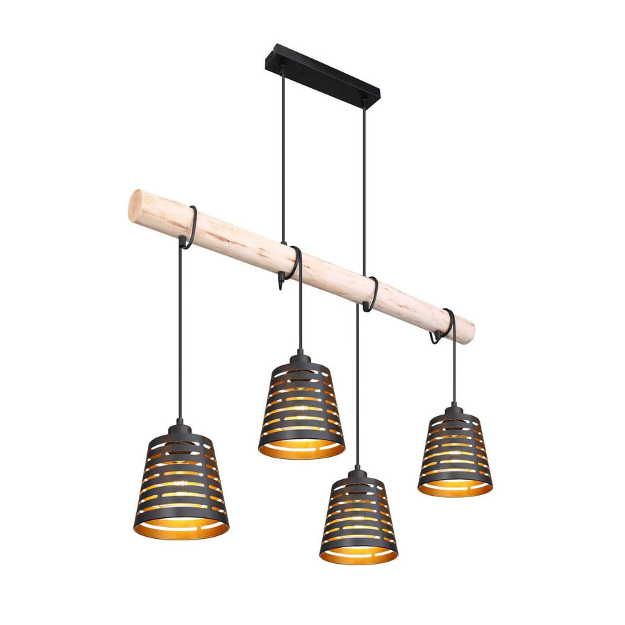 Vue de trois quarts du luminaire complet, poutre en bois clair et quatre suspensions noires ajourées