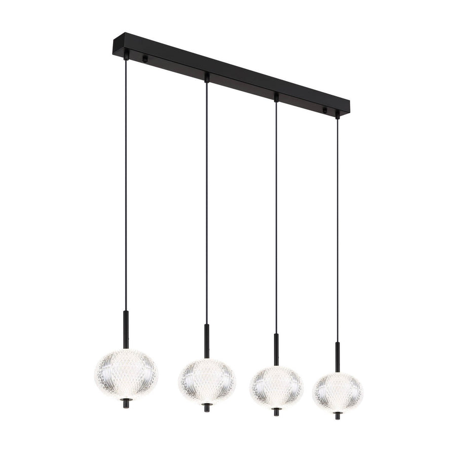 Suspension vue de face, quatre globes de verre texturé alignés sur une barre noire