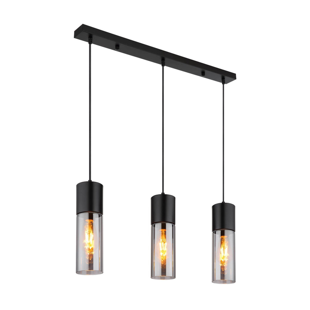 Produit de face : suspension trois lumières noires alignées, support rectangulaire et ampoules allumées.