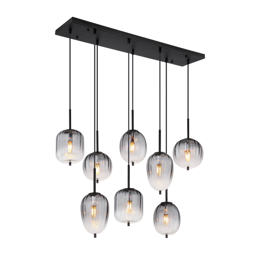 Suspension noire à huit globes de verre fumé suspendus à des hauteurs variables