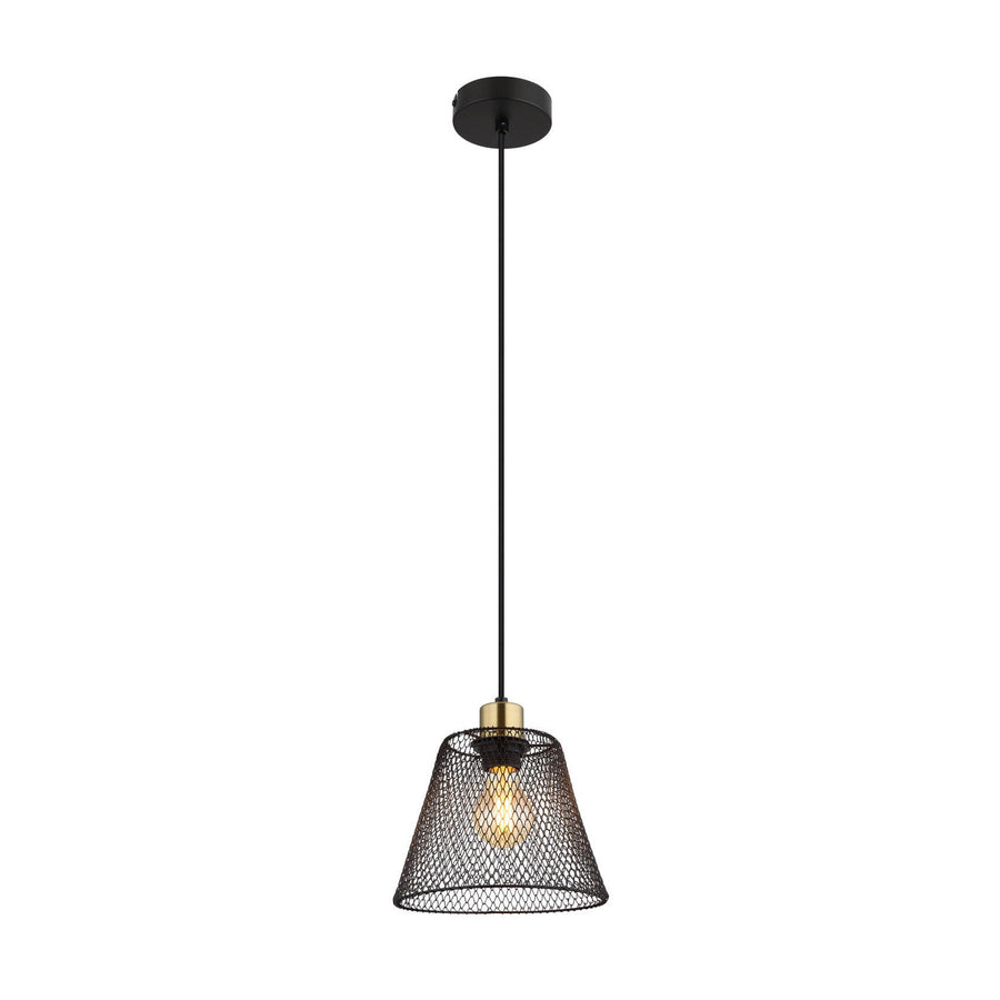Suspension noire avec abat-jour conique en maille métallique, câble et fixation plafond visibles.