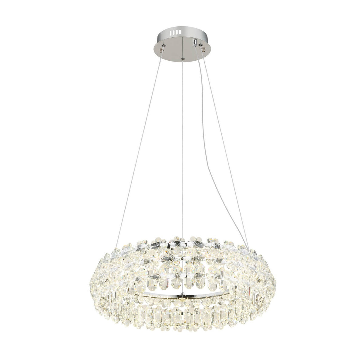 Suspension ronde en cristal tenue par câbles, vue de face sur fond blanc