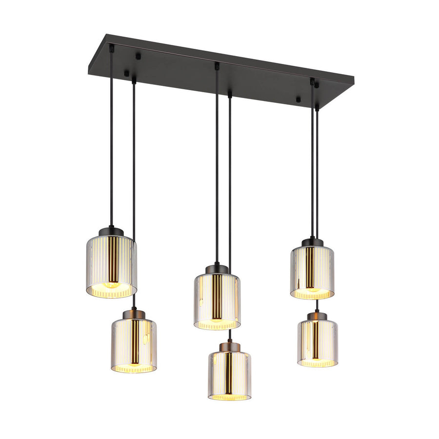 Suspension noire à six abat-jour cylindriques en verre strié, allumée sur fond blanc