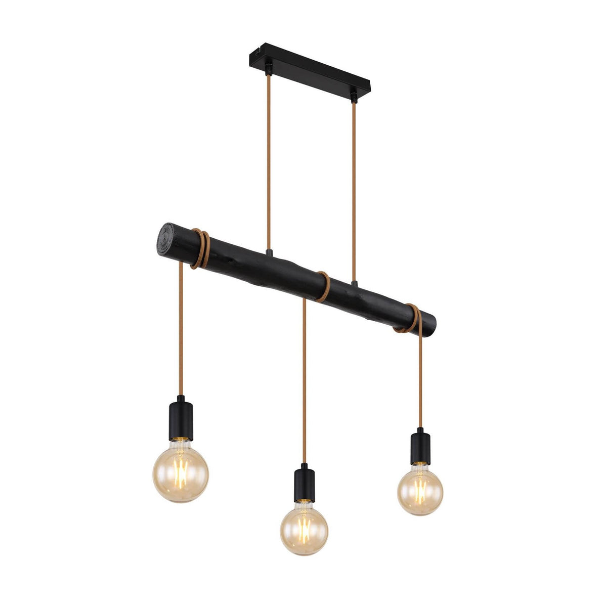 Vue produit de face du luminaire noir à trois ampoules suspendues sur fond blanc