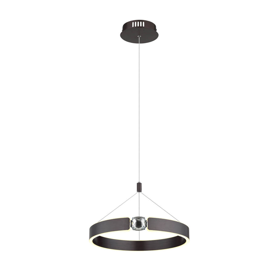 Vue de face de la suspension, anneau en bronze et bloc central en verre