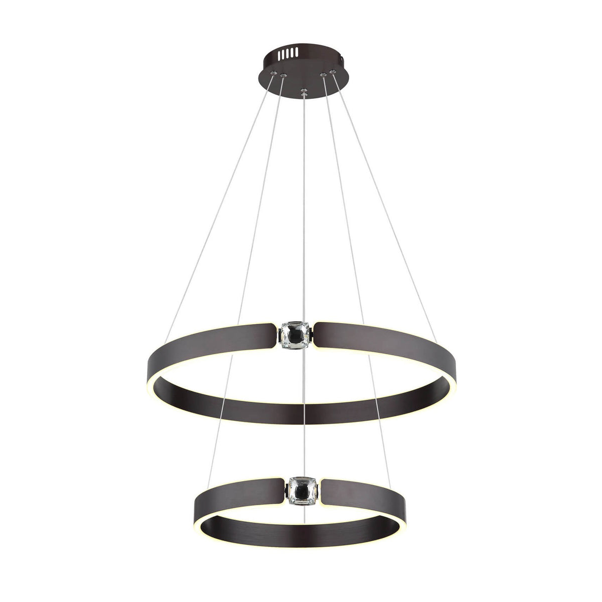 Vue de face du luminaire suspendu avec ses deux anneaux bronze superposés