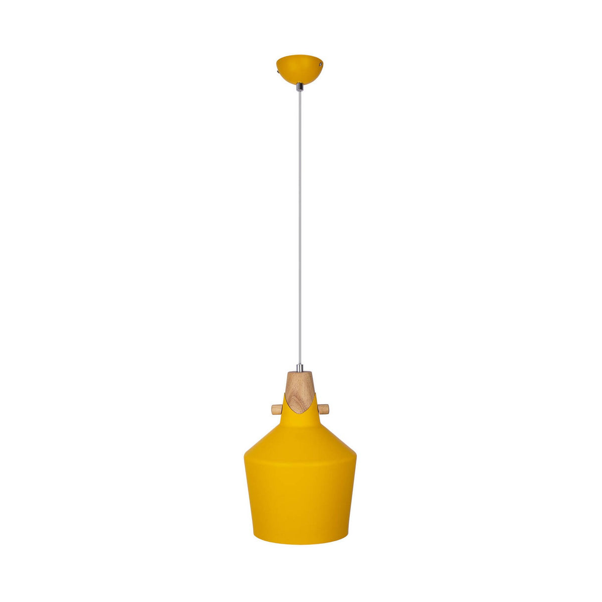 Suspension jaune avec câble et rosace, vue de face sur fond blanc.