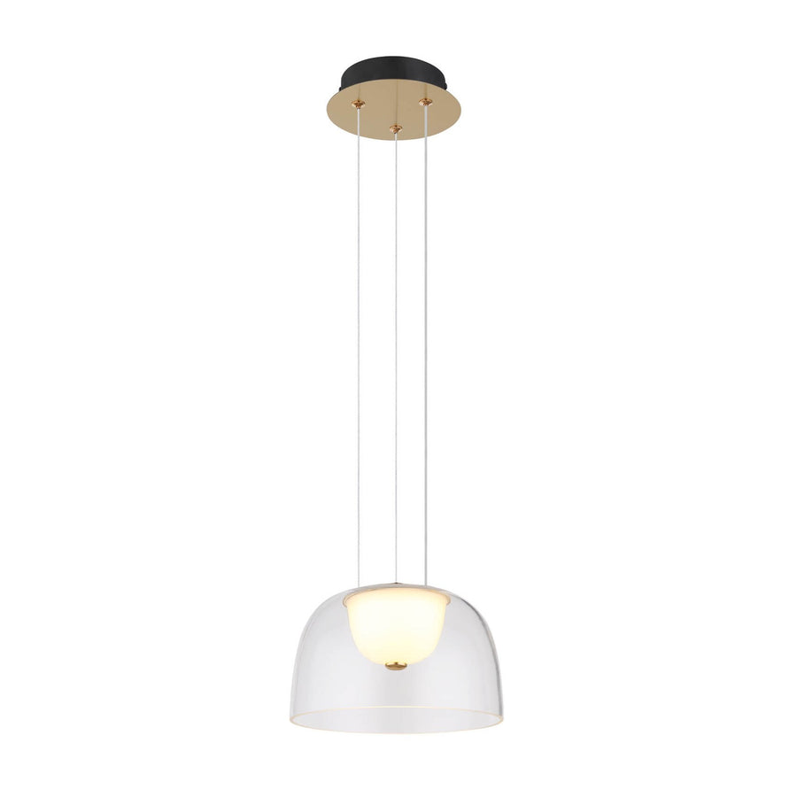 Suspension vue de face sur fond blanc, rosace laiton et trois câbles fins