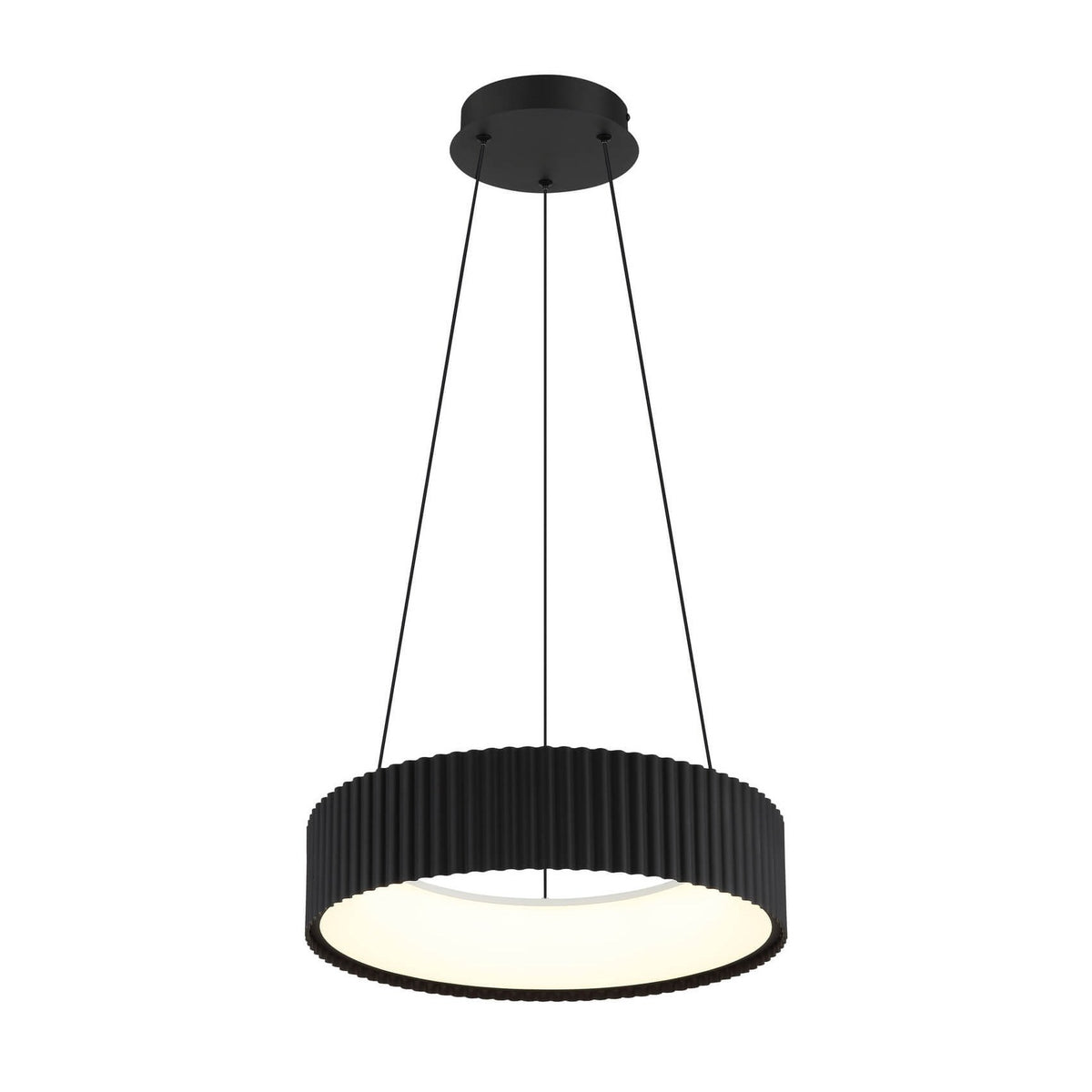 Vue de face du luminaire suspendu noir mat à abat-jour cylindrique cannelé