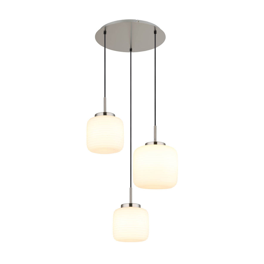 Vue de face sur fond blanc du luminaire composé de trois suspensions