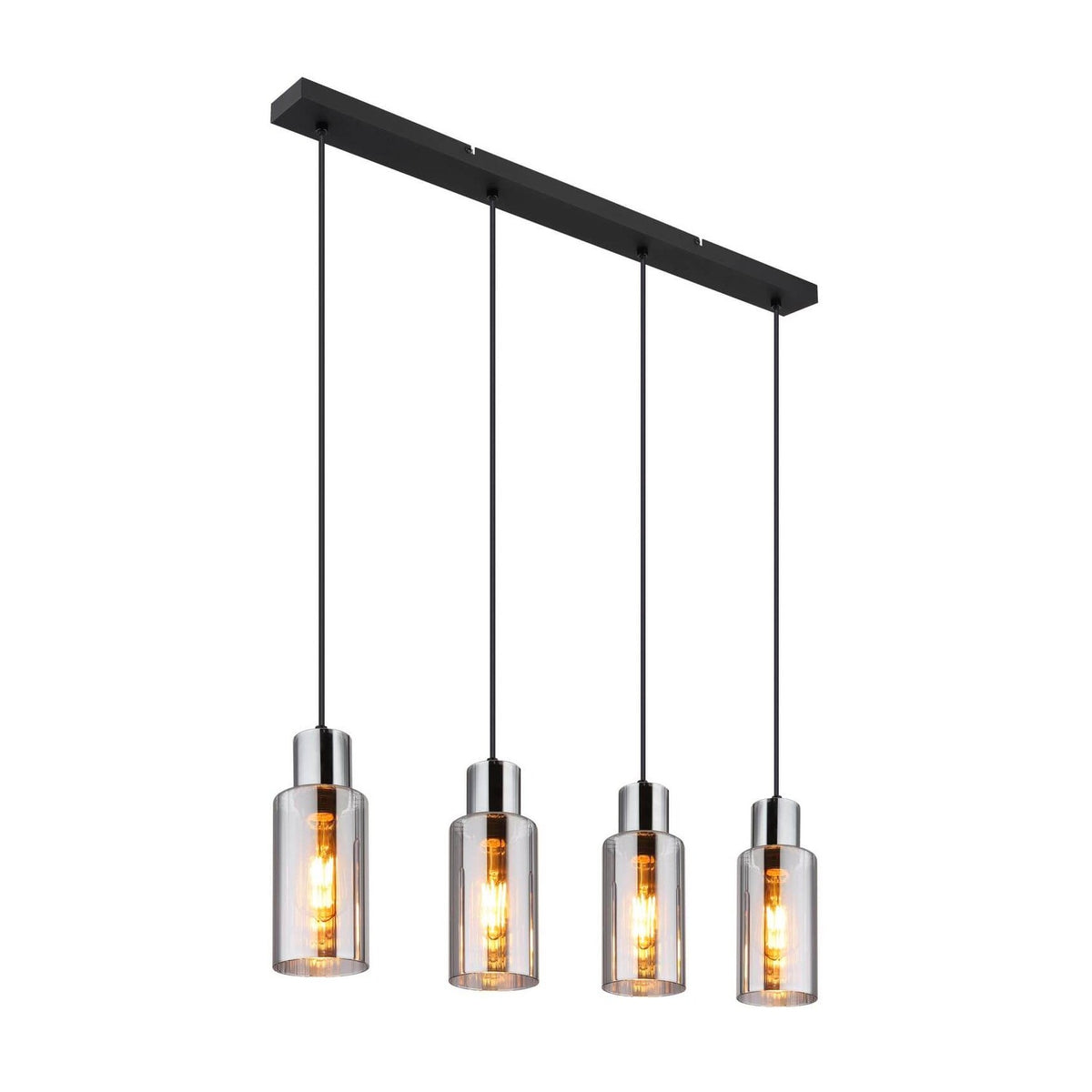 Vue de trois quarts du luminaire suspendu avec quatre cylindres en verre et structure noire