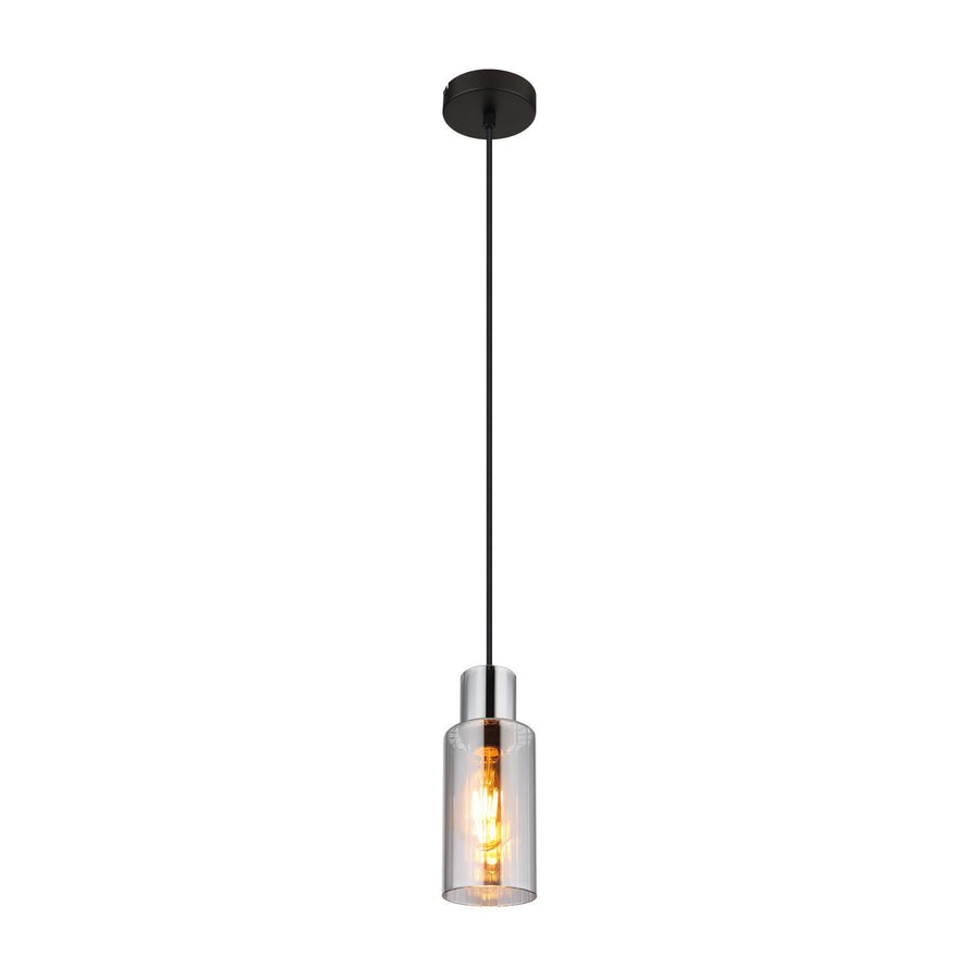Vue de face du luminaire suspendu noir avec abat-jour cylindrique en verre transparent.