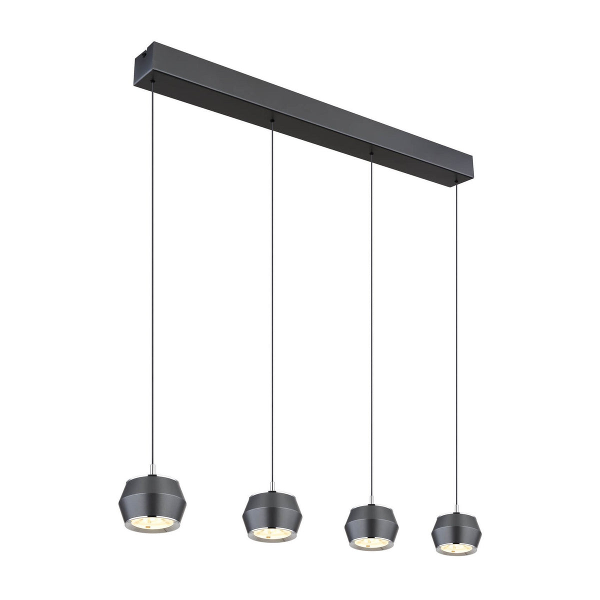 Suspension quatre abat-jours gris anthracite alignés sous un bandeau rectangulaire, vue de face
