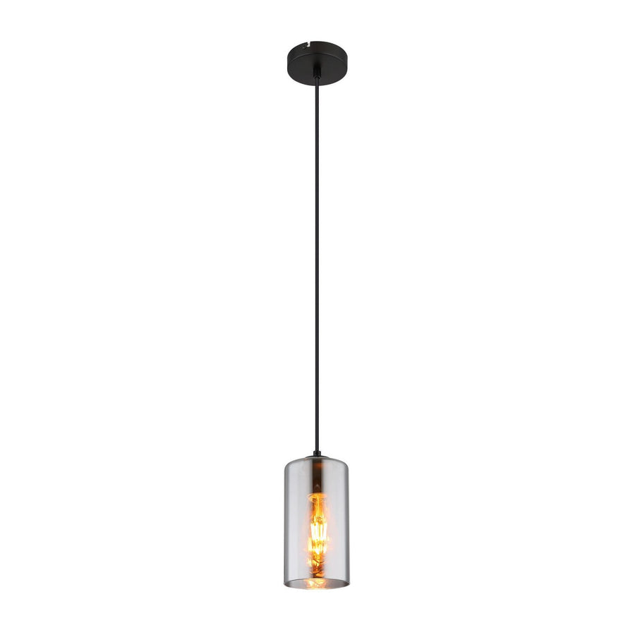 Vue de face sur fond blanc de la suspension à abat-jour cylindrique en verre.