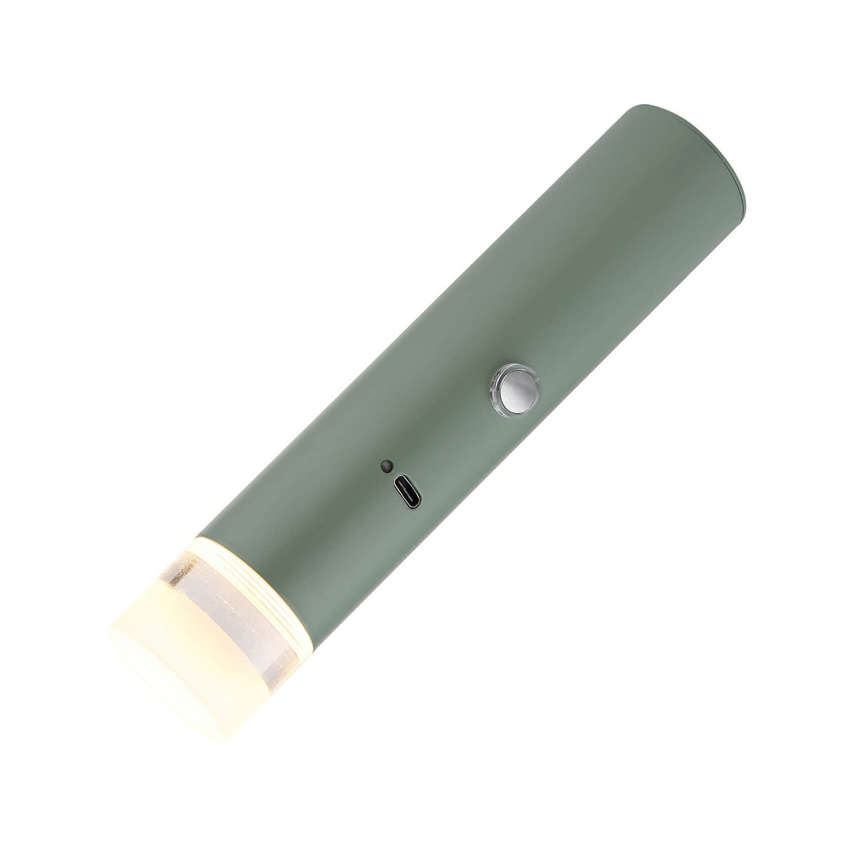 Vue de trois quarts du luminaire cylindrique vert sauge, diffuseur allumé sur fond blanc