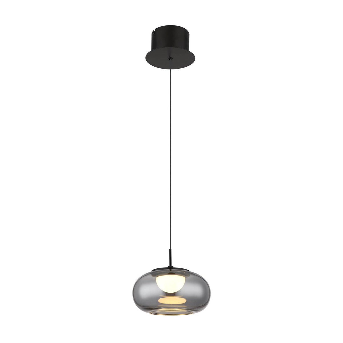 Suspension noire mat avec abat-jour ovale en verre fumé et lumière allumée.