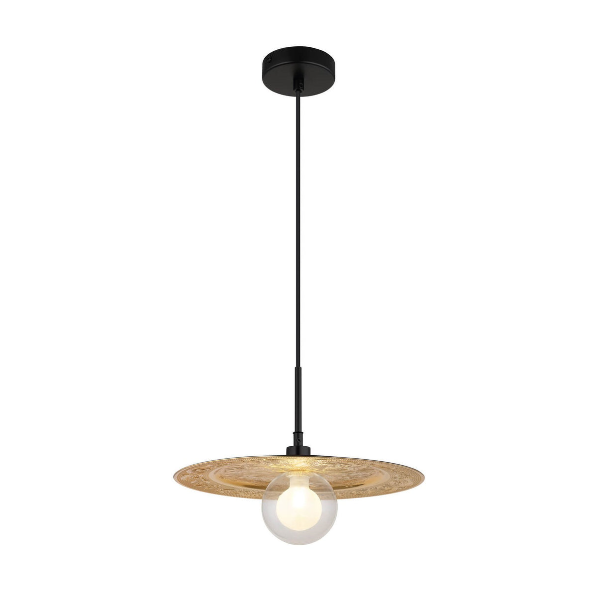 Vue de face du luminaire suspendu avec abat-jour doré festonné et globe en verre