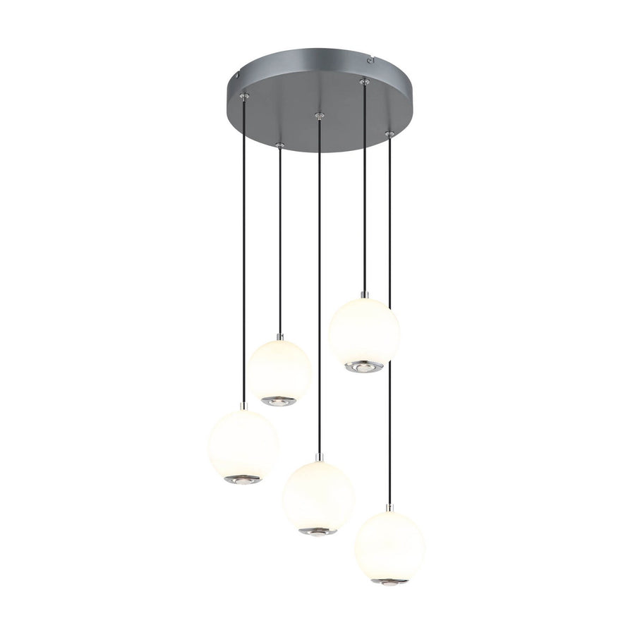 Suspension complète à cinq globes blancs suspendus sous une rosace ronde grise
