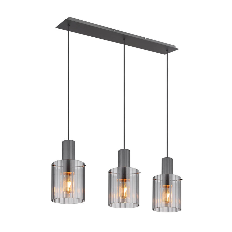 Suspension trois abat-jours cylindriques en verre strié sous platine rectangulaire grise