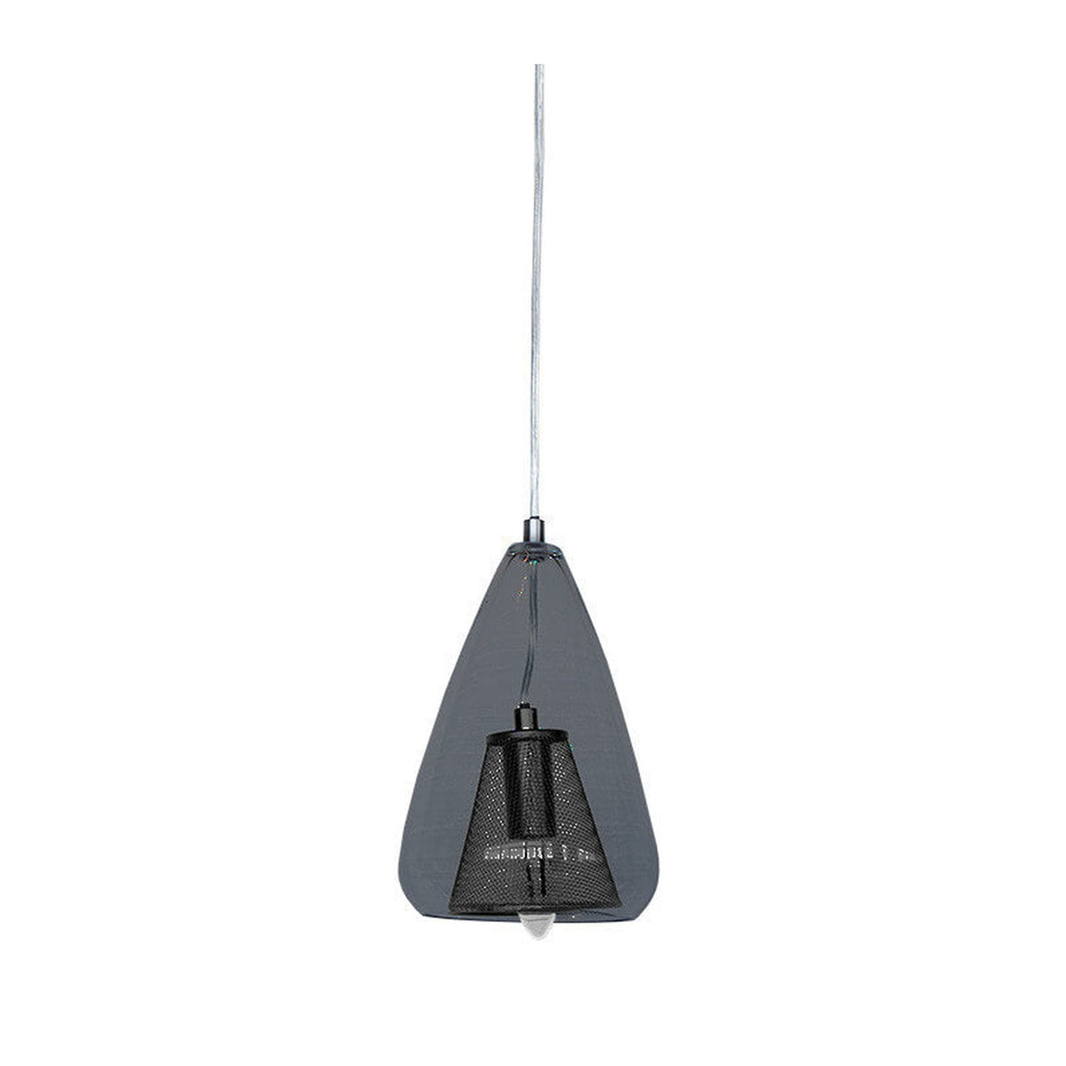 Suspension noire au design triangulaire en verre fumé, avec grille intérieure protégeant l'ampoule