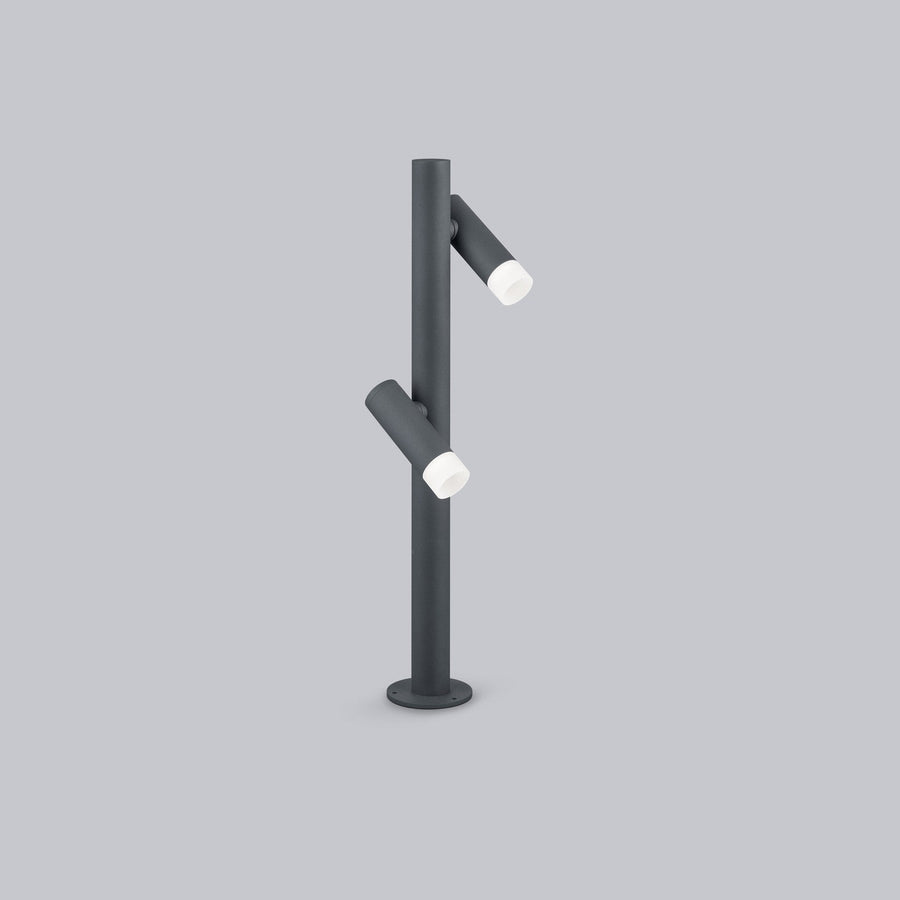 Borne lumineuse anthracite de face, deux projecteurs cylindriques orientables sur mât vertical