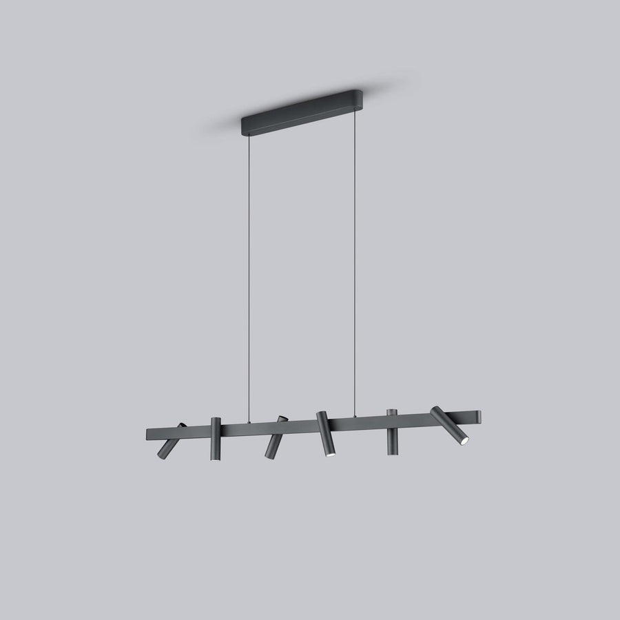 Suspension linéaire noire vue de face, barre horizontale et cylindres orientables sur fond gris