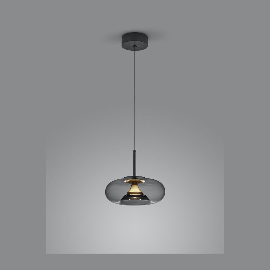 Vue de face de la suspension noire, abat-jour ovale en verre fumé transparent