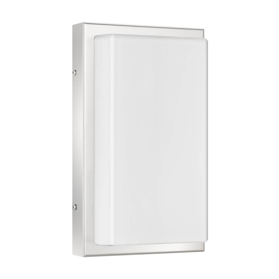 Vue de face de l'applique murale inox avec diffuseur blanc dépoli rectangulaire