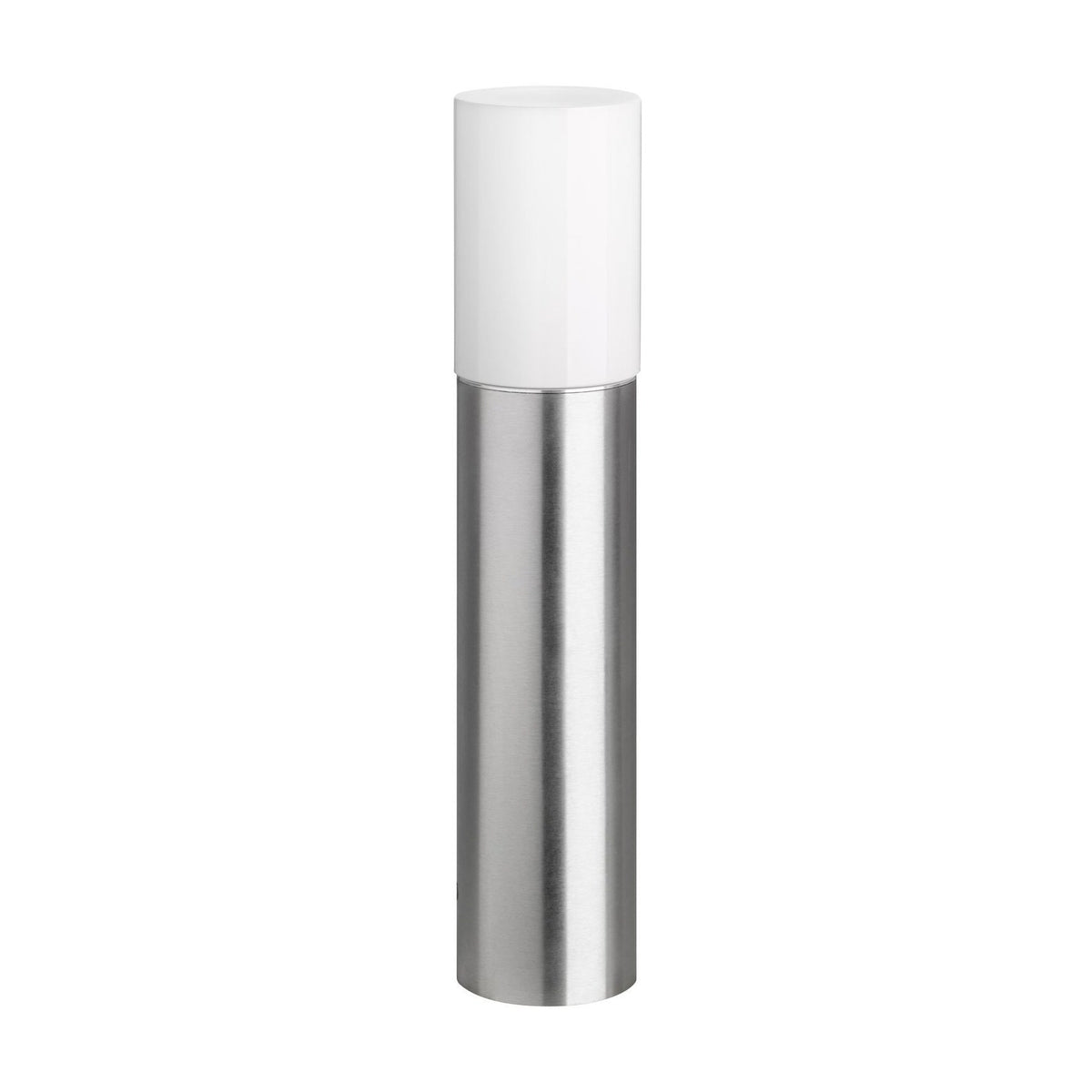 Borne lumineuse extérieure cylindrique, diffuseur blanc opale et fût en inox brossé.