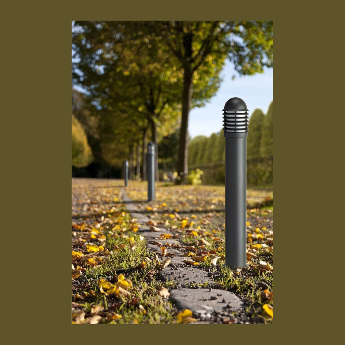 Borne anthracite éclairant une allée de parc avec feuilles automnales et arbres en arrière-plan.