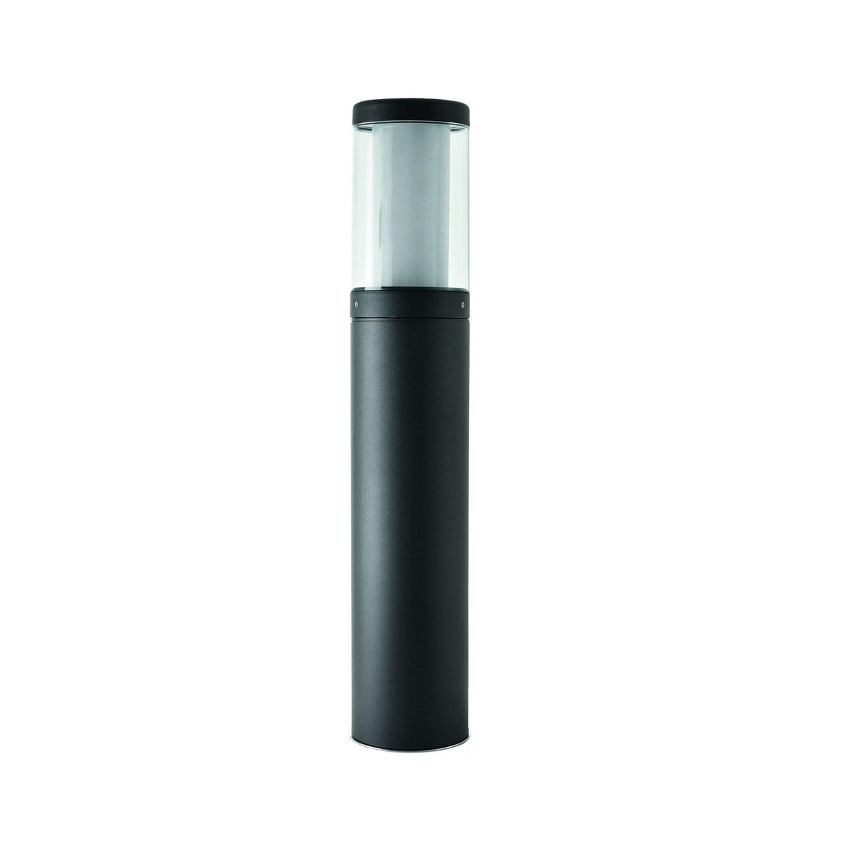 Borne extérieure anthracite cylindrique, vue de face, fond blanc, éclairage éteint.