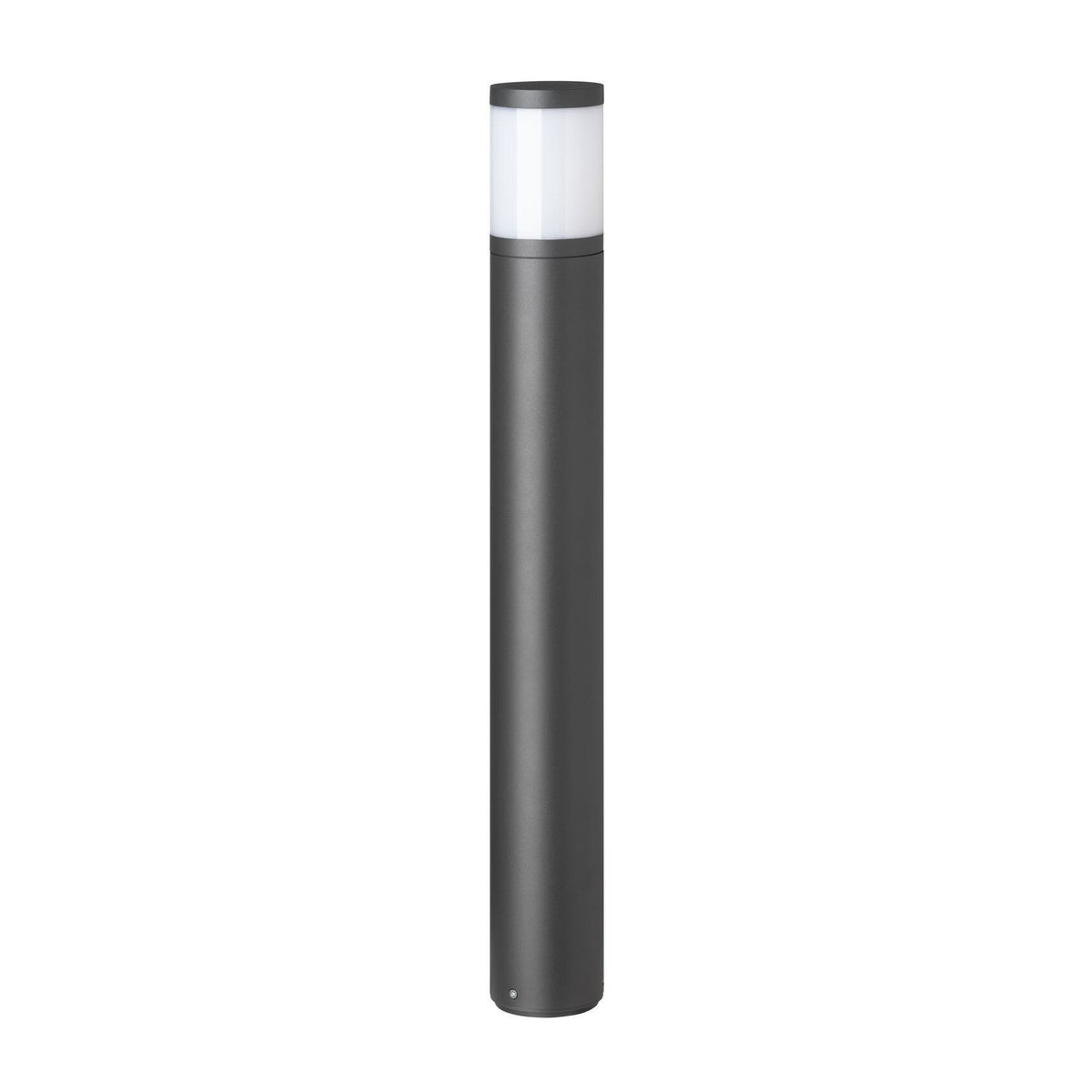 Borne lumineuse extérieure anthracite, forme cylindrique, vue de face sur fond blanc
