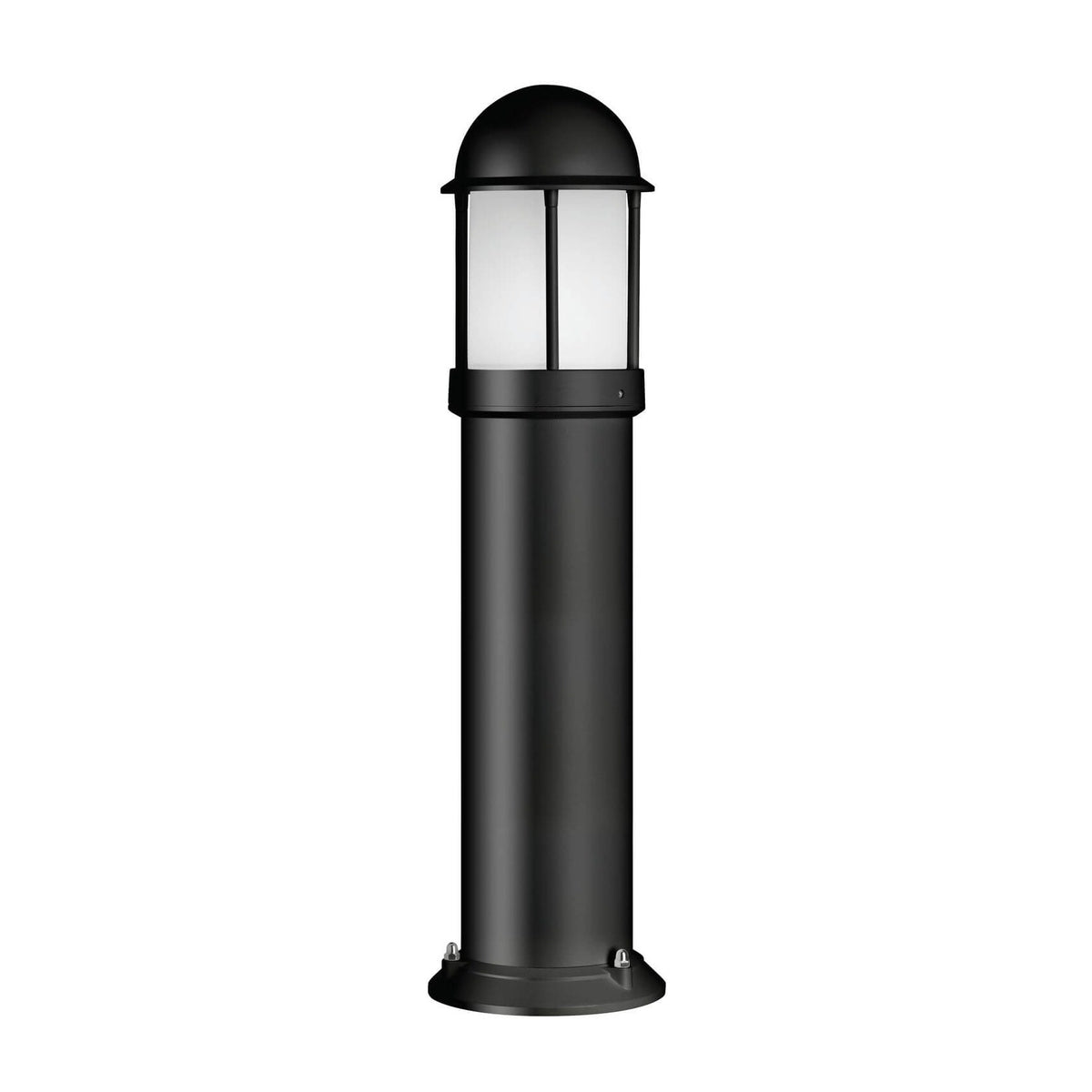 Borne lumineuse noire vue de face entière sur fond blanc, forme cylindrique à dôme