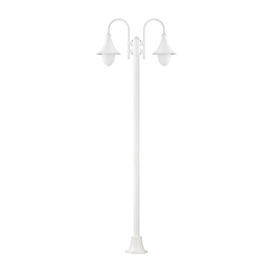 Lampadaire extérieur blanc à deux bras recourbés, vue de face sur fond neutre