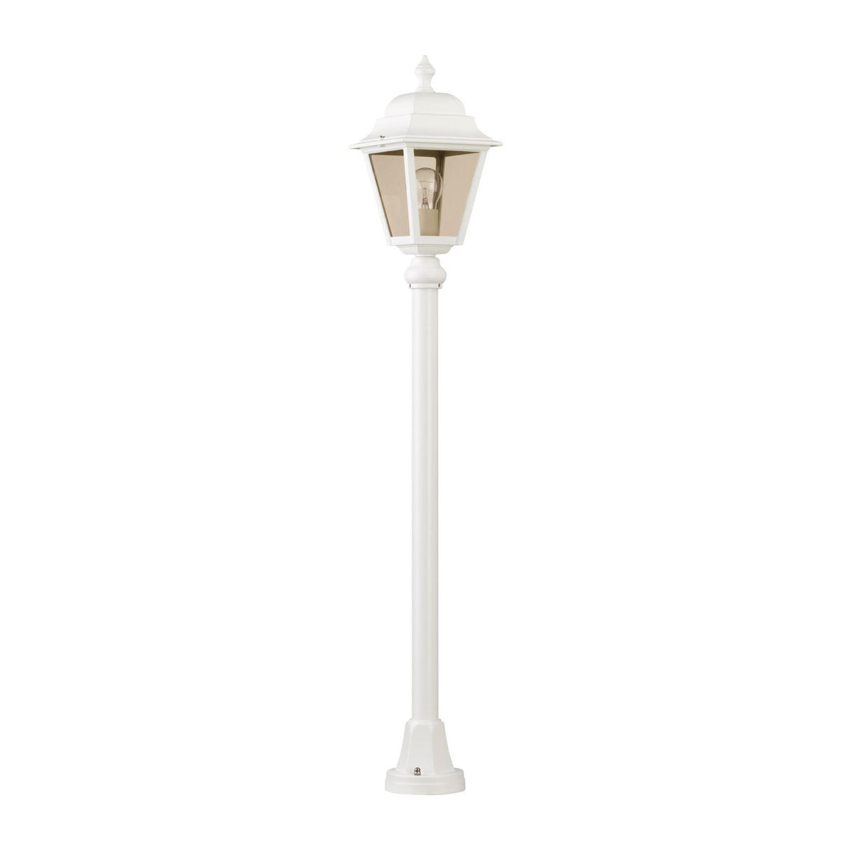 Lampadaire extérieur blanc de face avec lanterne, poteau et socle, fond blanc