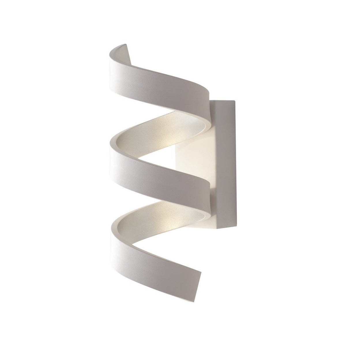Vue de trois quarts du luminaire mural blanc en spirale sur fond neutre