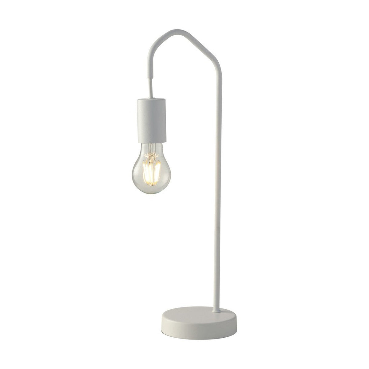 Lampe à poser blanche avec bras courbé et ampoule à filament allumée, fond blanc.