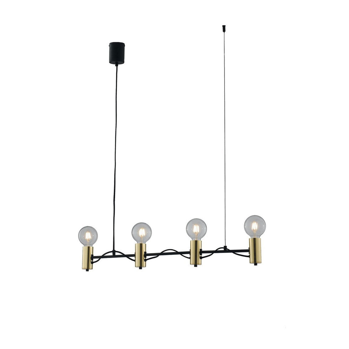 Suspension linéaire noire et dorée avec quatre ampoules visibles, présentée sur fond blanc.