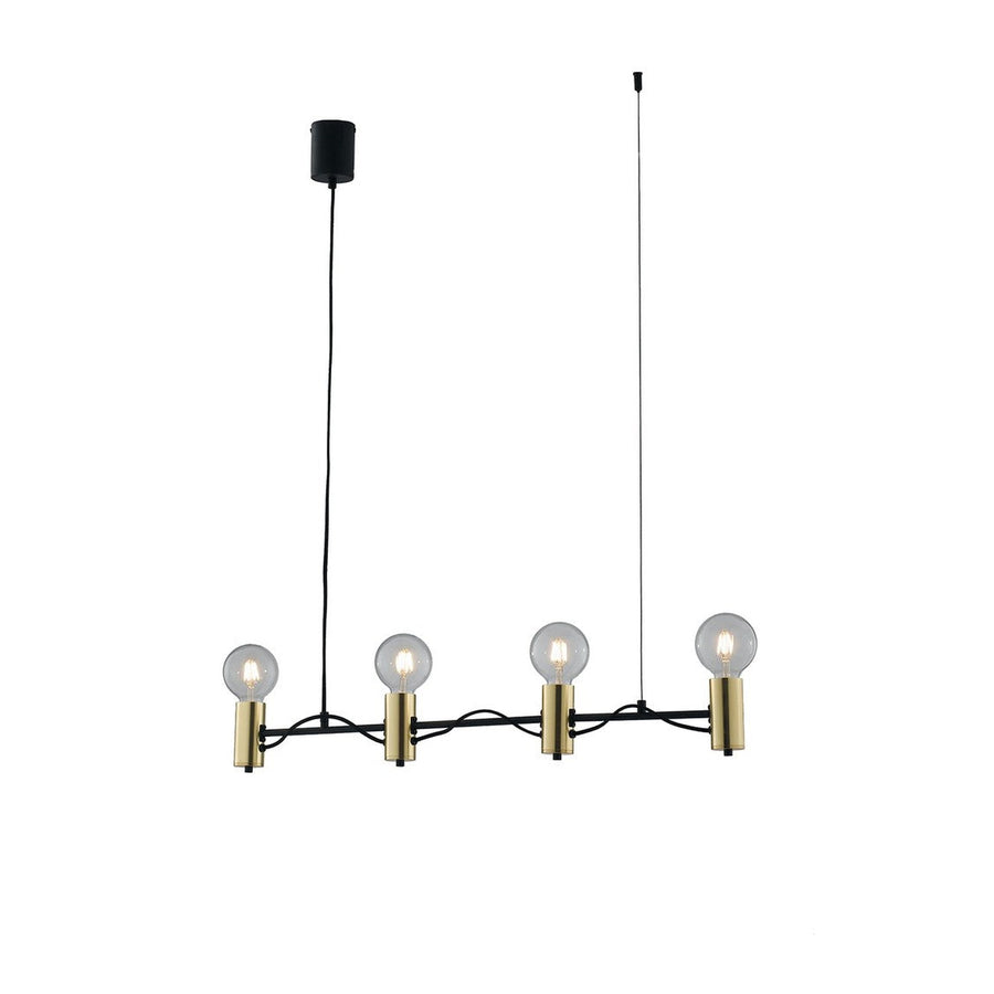 Suspension linéaire noire et dorée avec quatre ampoules visibles, présentée sur fond blanc.