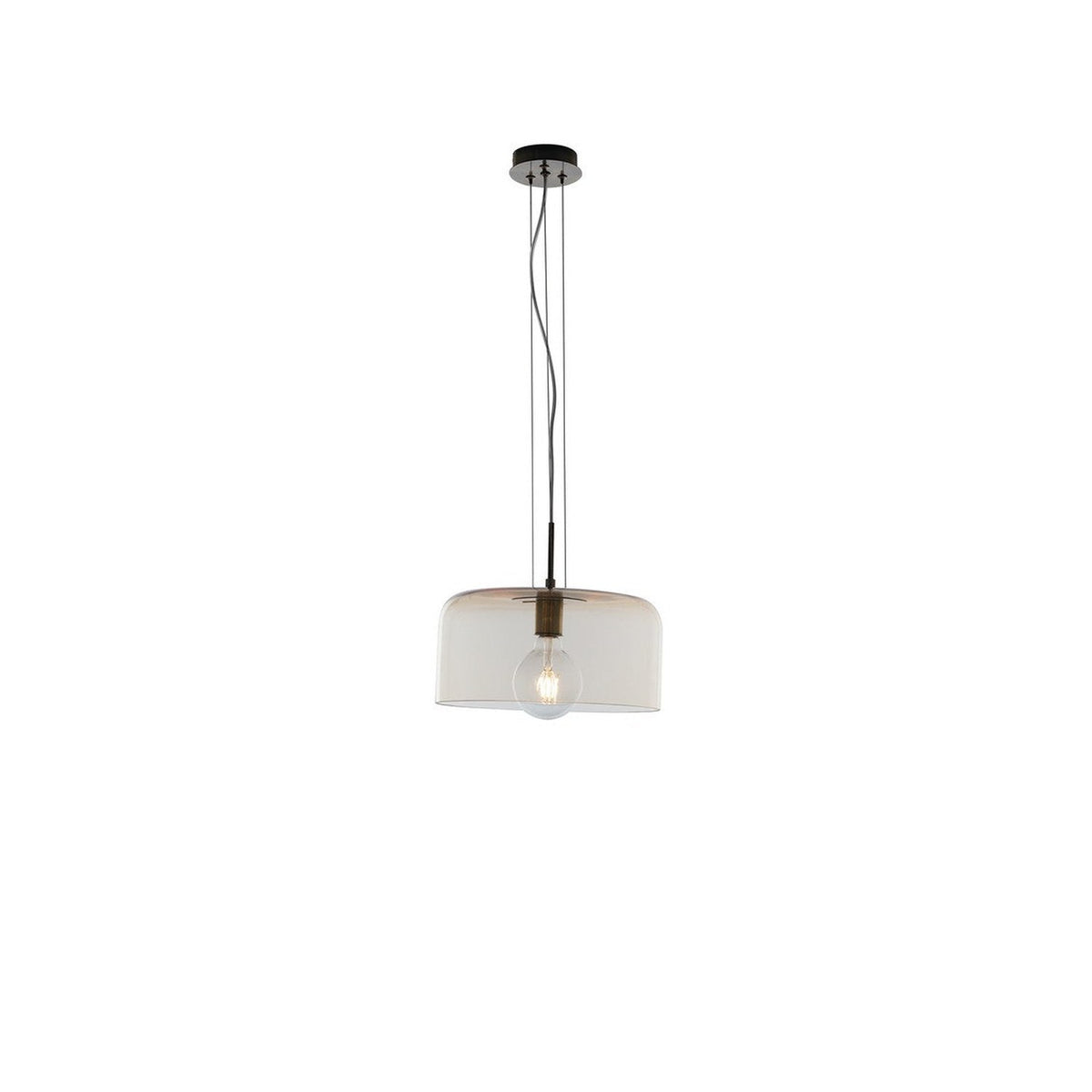Suspension en verre ambré vue de face avec rosace noire et câble