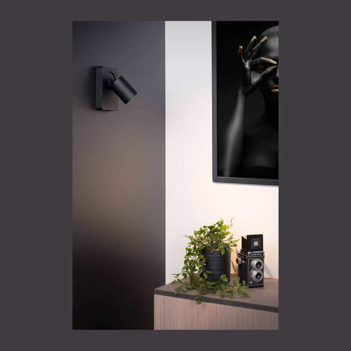 Applique murale noire orientable fixée sur un mur sombre, intérieur avec cadre et plante