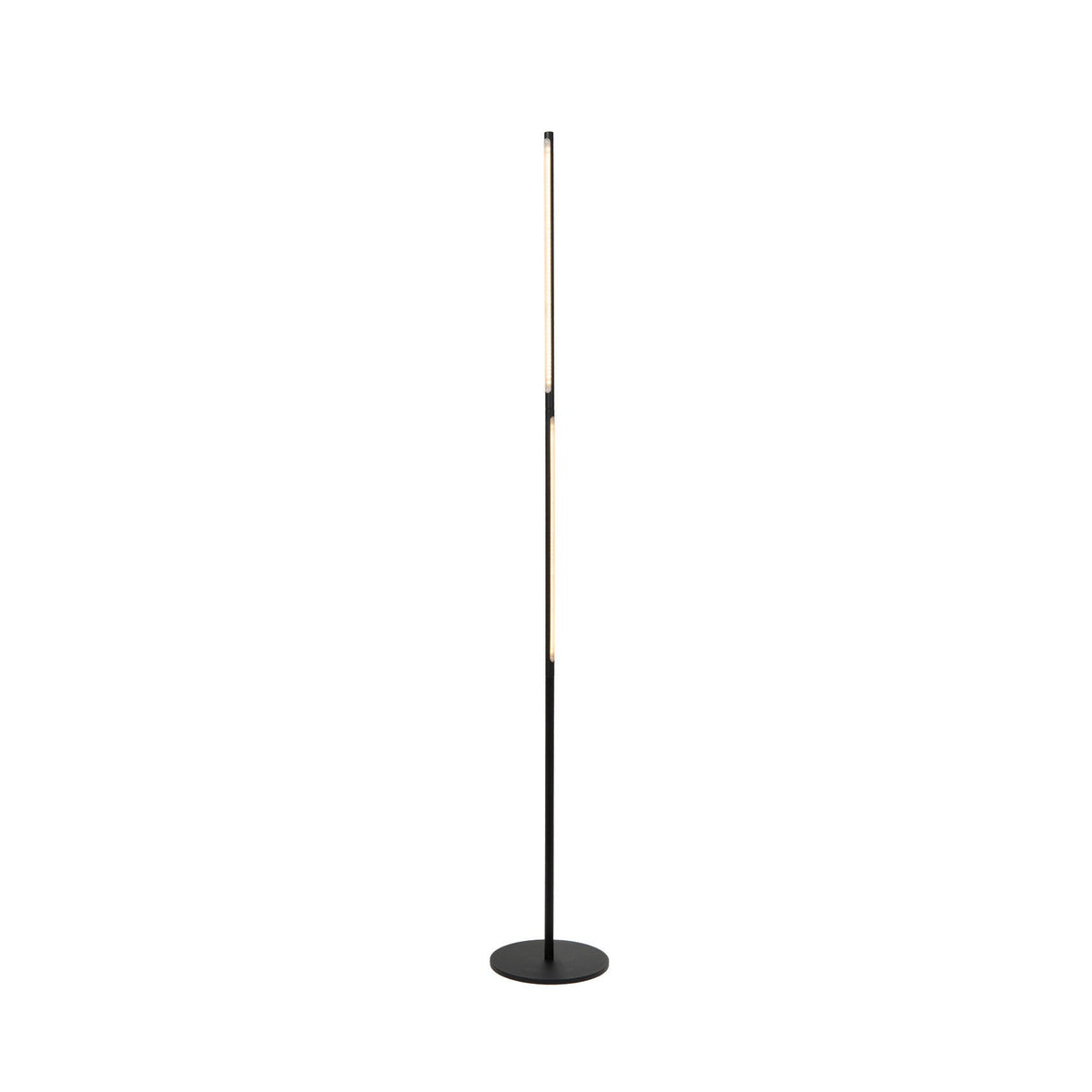 Lampadaire noir fin et vertical, vu de face sur fond blanc, socle rond.