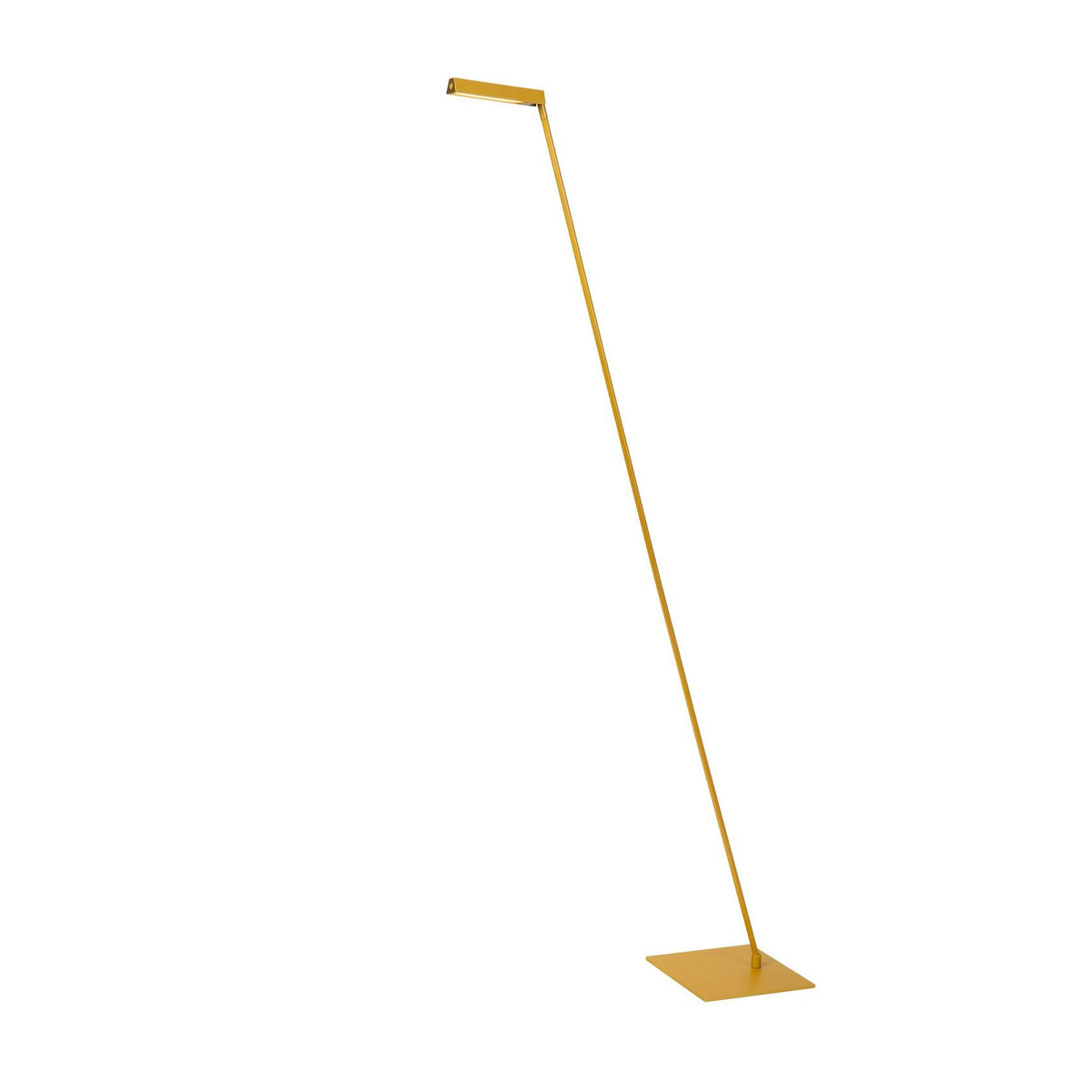 Lampadaire doré vu de face sur fond blanc, tige fine et socle carré