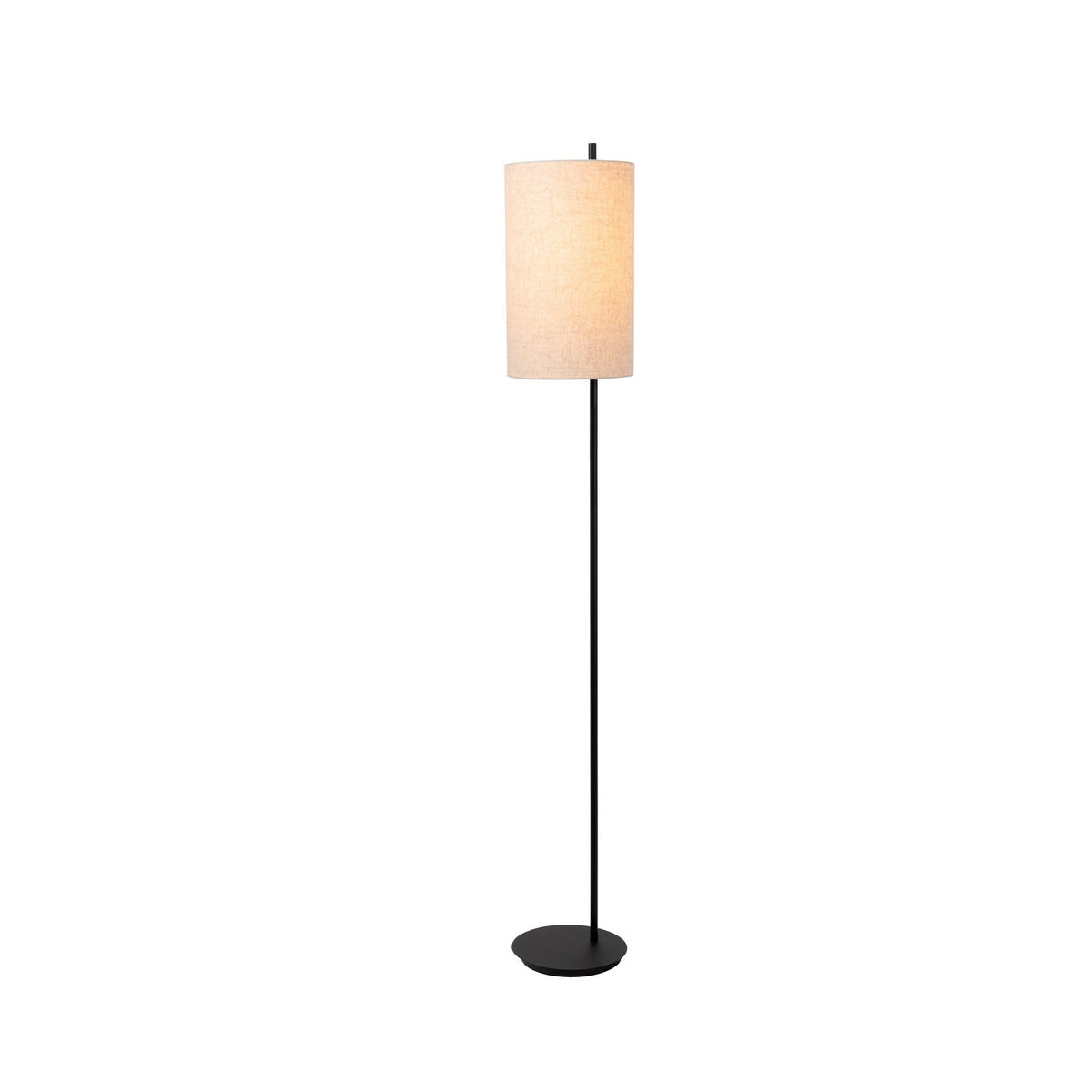 Lampadaire entier de face, abat-jour cylindrique en lin beige et pied noir.