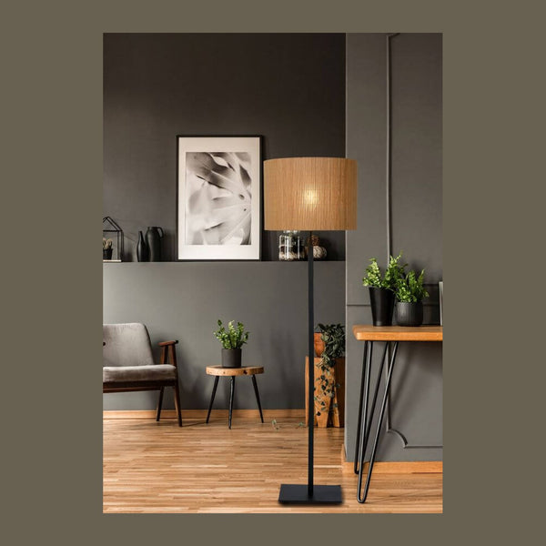 Lampadaire Magius bois clair et noir, rotin