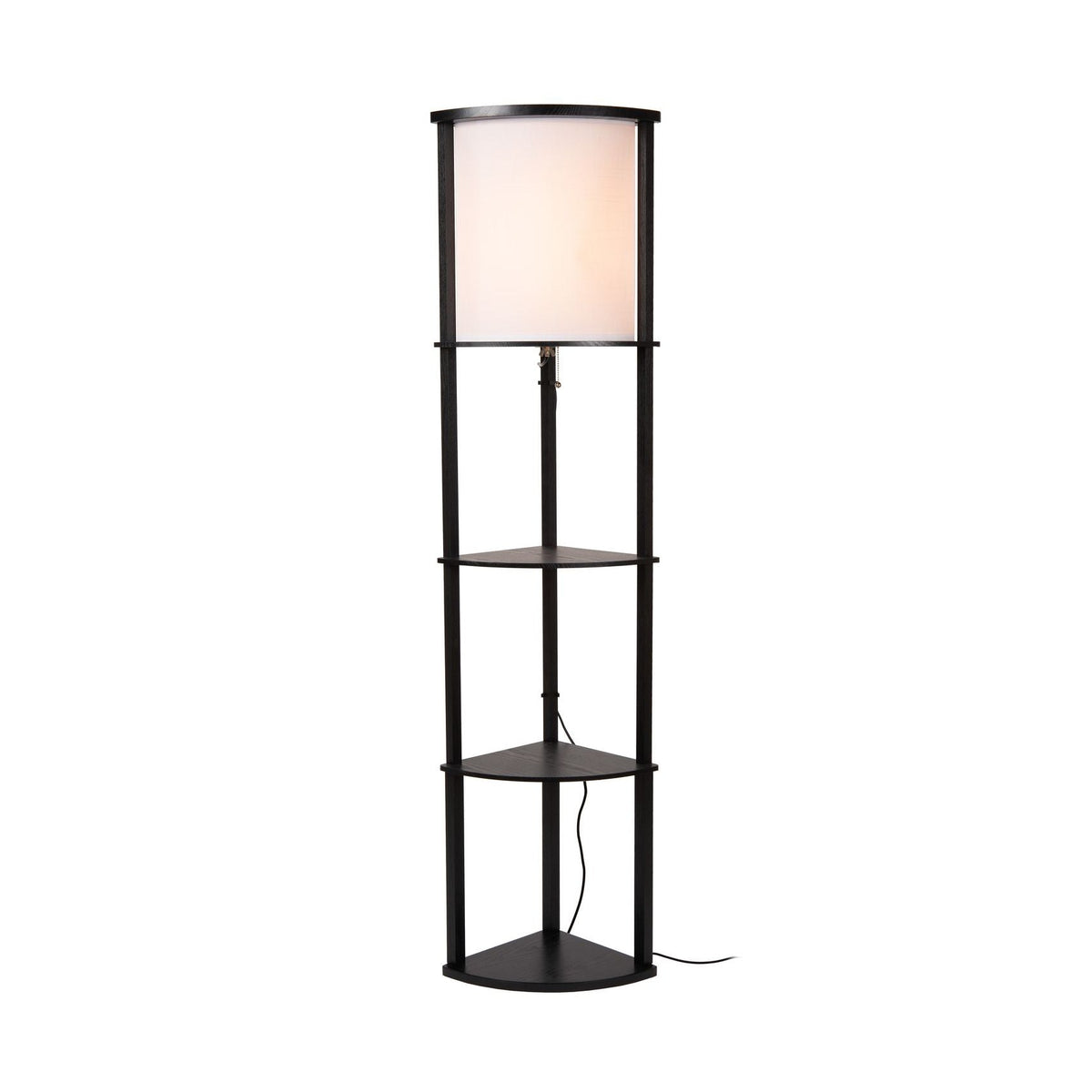 Lampadaire noir à trois étagères et abat-jour en tissu beige allumé